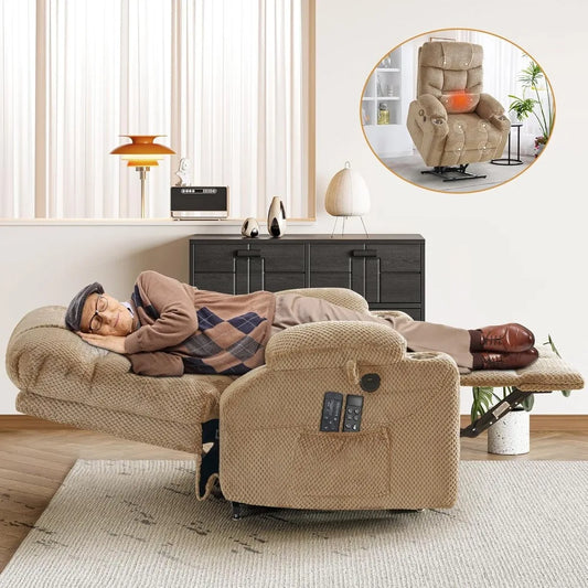 Chair Oversized Power Lift, Recliner Chair with Massage, Heating, Lumbar Pillow, USB & Type-C Ports, for Big & Young and Matured People, Beige