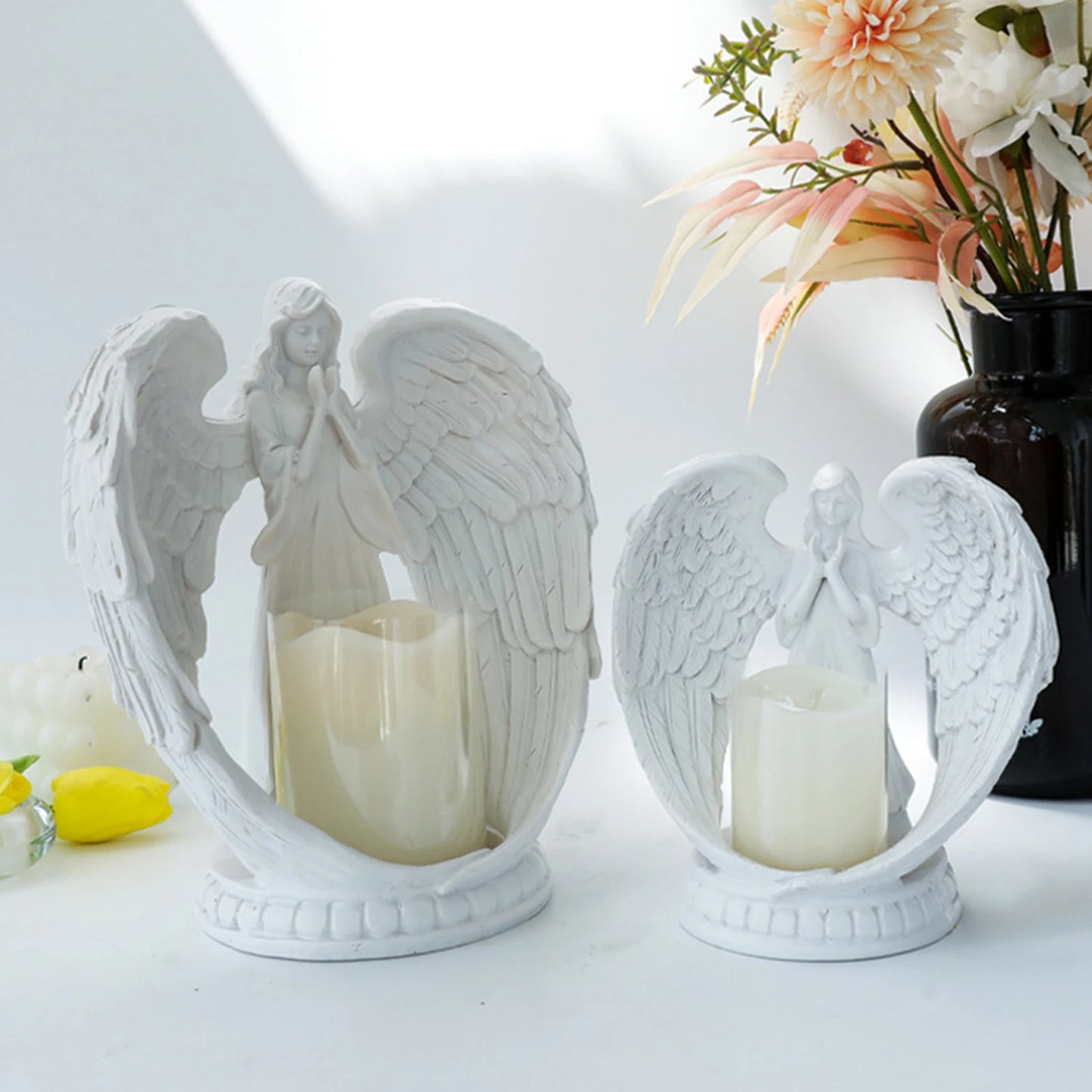 Resin Angel Sculpture Candlestick Battery Powered Prayer Angel Aromatherapy Candlestick Atmosphere Prop Wedding Party Decor