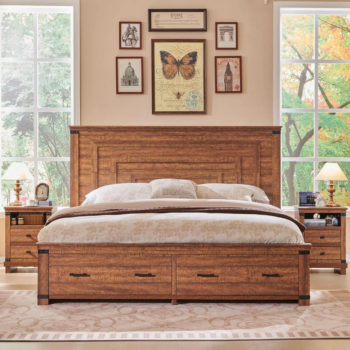 Bed Frame Farmhouse King Size Wood with 54" Tall Geometric Headboard, 2 Large Storage Drawers, Solid Wood Slats Support