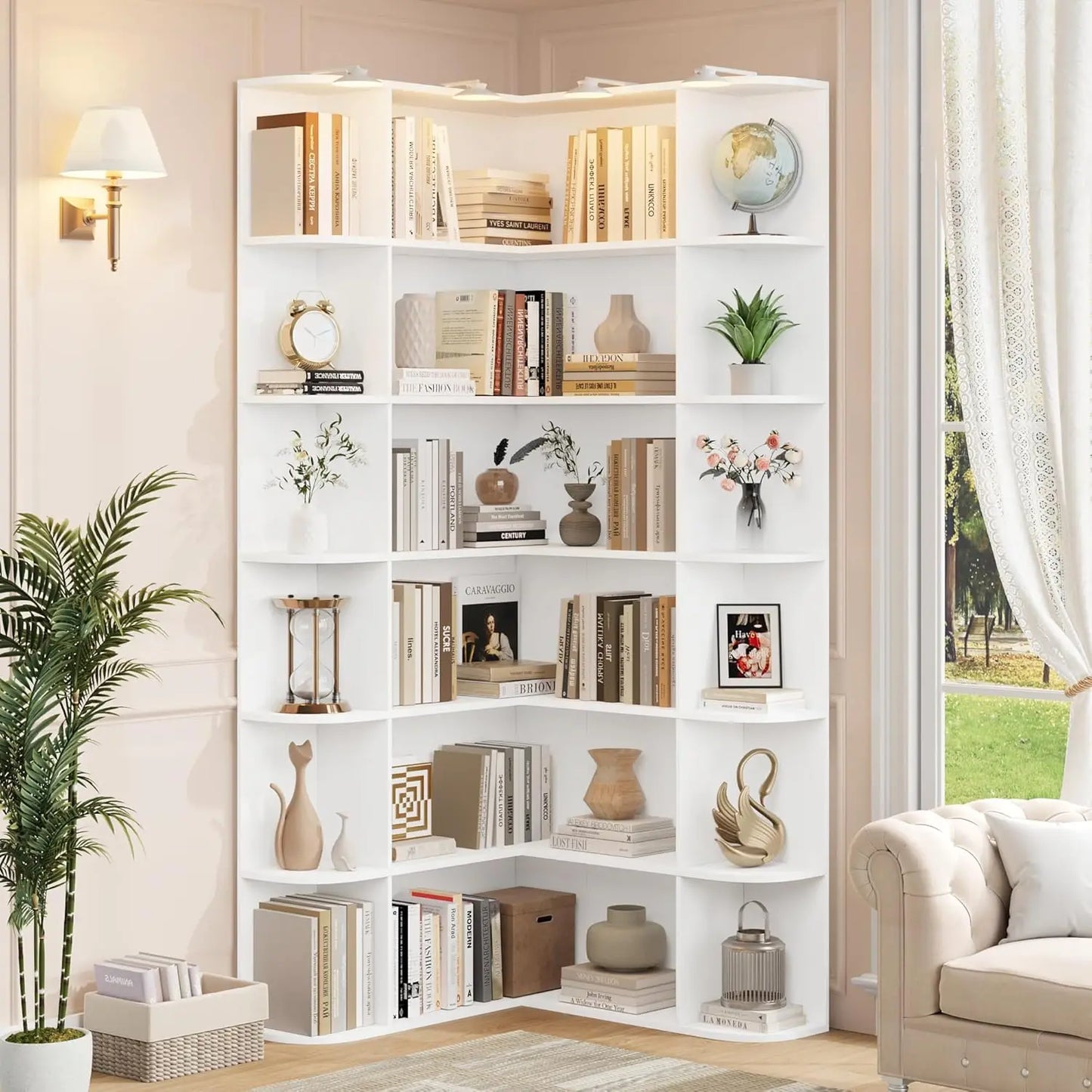 Tall Corner Bookshelf, 6-Tier Bookshelf and Bookcase with Open Storage, L Shaped Tall Bookcases Wooden Storage Shelves 74”