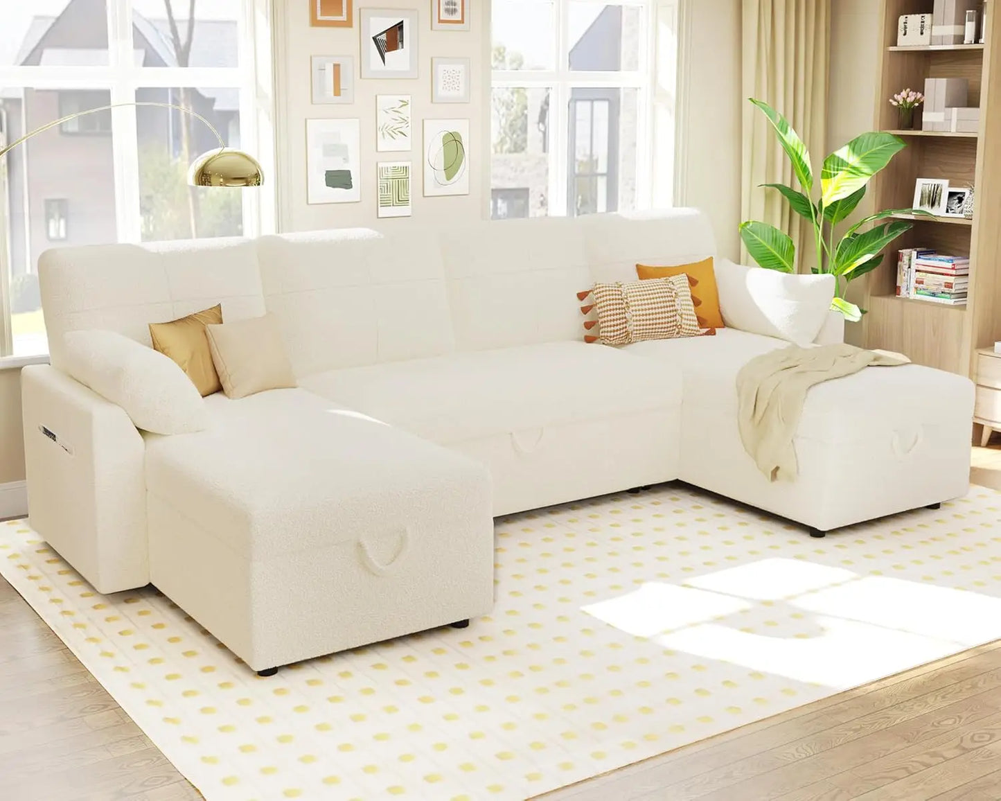 Living Room Sleeper Sofa with Double Storage Chaise for Living Room, White Boucle Couch