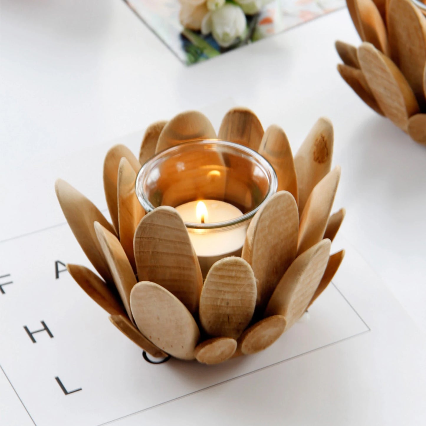 Petal Wood Candlestick Holders Wooden Candle Holder Desktop Ornaments for Living Room or Bathroom Table Decor MIAO