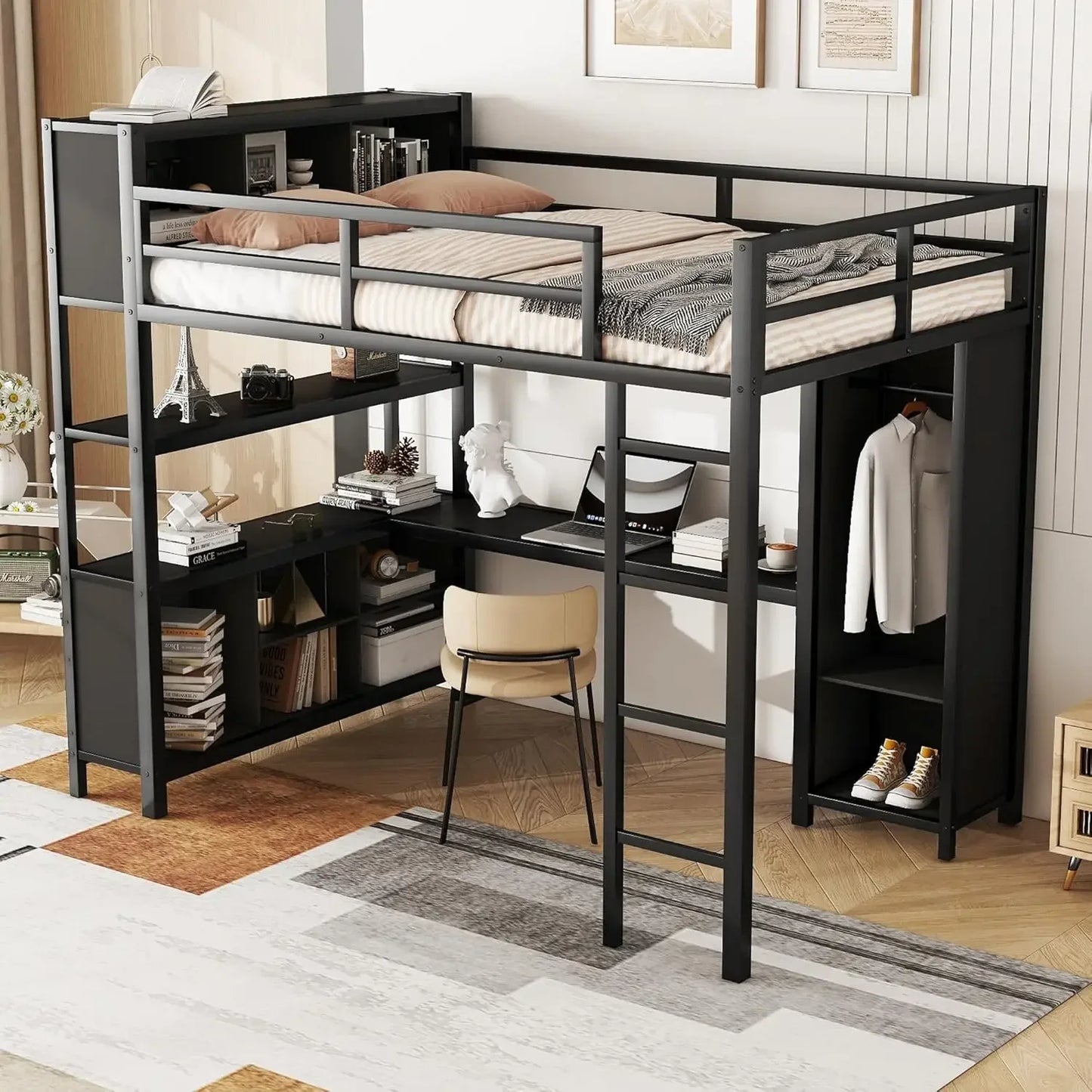 Bunk Beds Full Size Loft Bed with L Shaped Desk and Wardrobe, Heavy Duty Loft Bed with Storage Cubes and Shelves, Loft Bed