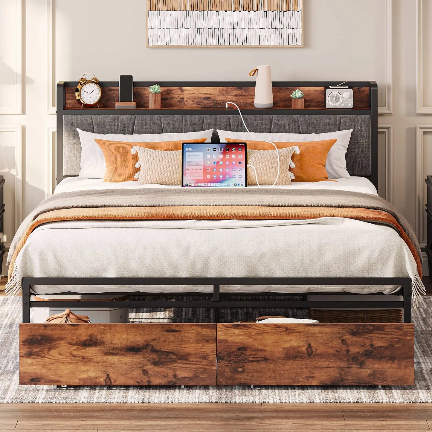 Bed Frame California King Size or Queen Size or Full Size , Storage Headboard with Charging Station, Platform Bed with Drawers