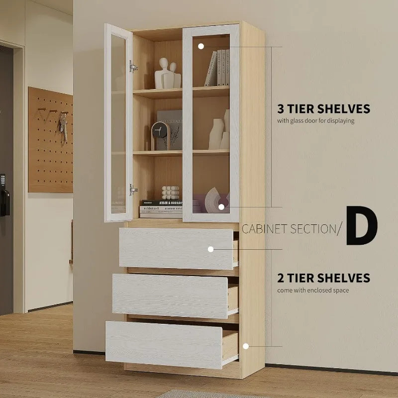 Bookshelf Bookcase 71", 3-Tier Modern Bookshelves 3 Large Drawer, Wood Filing Cabinet Storage Shelf, Glass Doors 5-Tier