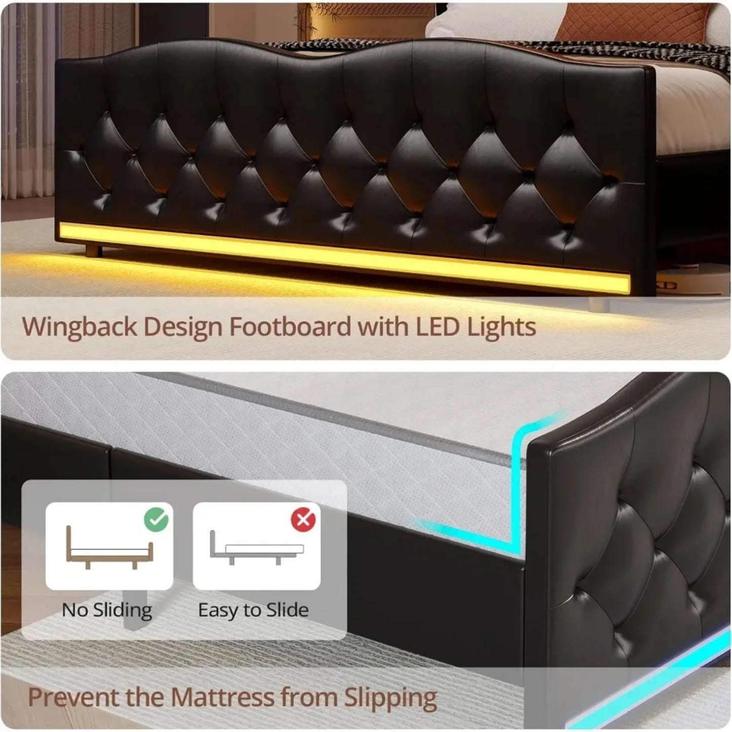 Bed Frame King Size or Queen Size with Tall Headboard with LED Lights & Charging Station, Upholstered Wing Headboard & Footboard, Bed