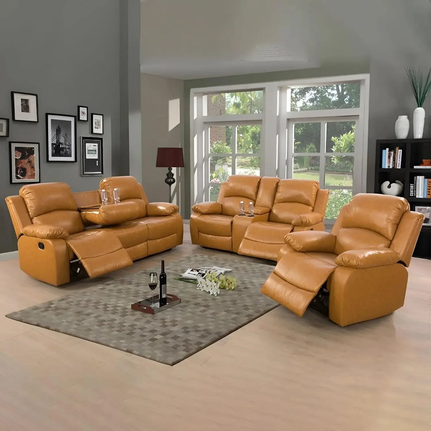 Living Room Leather Recliner Sofa Set, Leather Reclining Sofa, Loveseat, and Chair Set for Living Room Furniture Sets, Beige Recliner Couch Set(Sofa Set 3 Pieces)